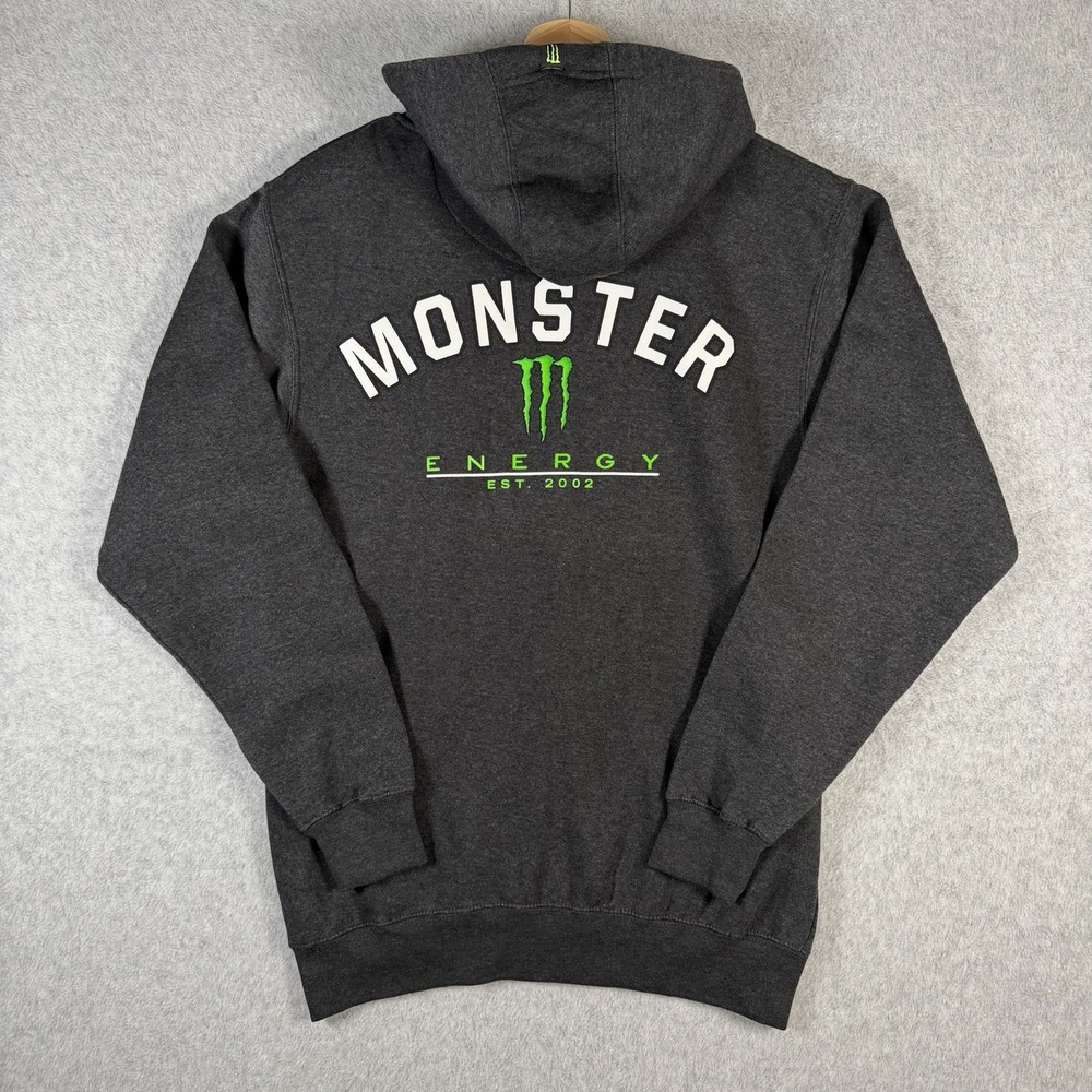 Monster Energy Official Hoodie Men Medium Gray Full Zip Graphic Print Grunge Y2K